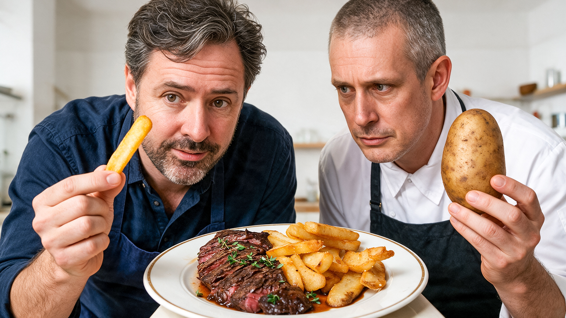 Chris Young and Andy Hearnden with a plate of steak frites; Chris holds a fry and Andy holds a potato.